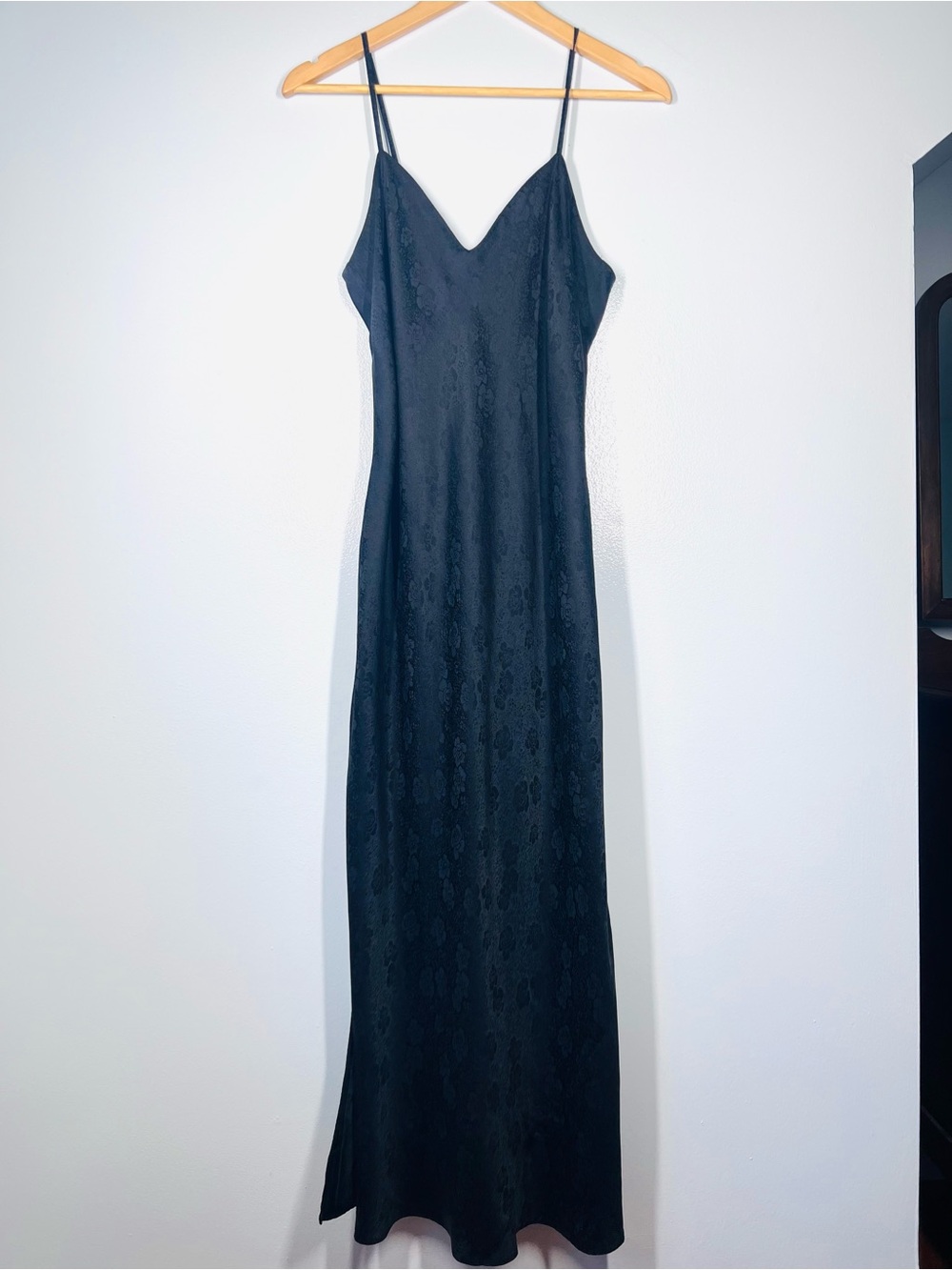 August Silk Vintage Pure Silk Jacquard Black Maxi Deep V Slip Dress Size S